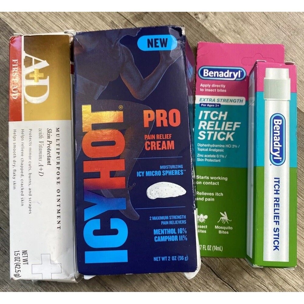 Benadryl Itch Relief .47oz Icy Hot Pro Cream 2oz A+D First Aid Ointment 1.5oz